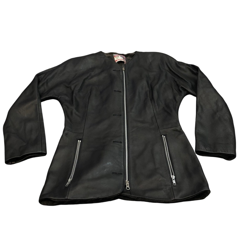 Woodland Waders Leather Jacket Womens L Black Zip Front Collarless Vintage USA